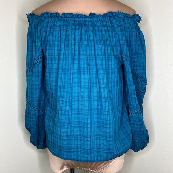 Max Studio Off The Shoulder Top XS Womens Blue Balloon Sleeve Plaid Ruffle New - Picture 3 of 9